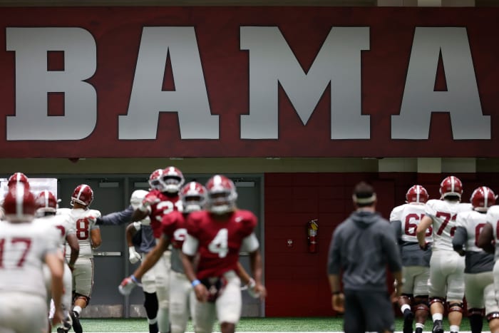 Alabama indoor practice with Bama sign in background, Nov. 11, 2020
